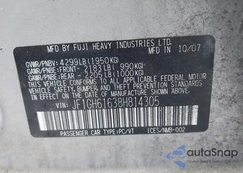 2008 Subaru Impreza 2.5I из США, поврежденный, VIN JF1GH61638H814305